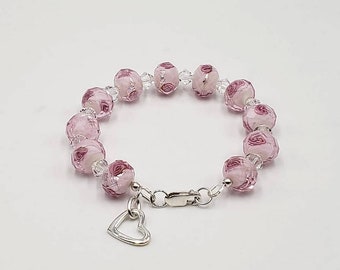 Pink Flower Faceted Glass Beaded Bracelet with Swarovski Accent Beads.