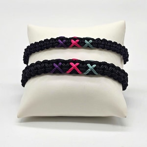 Custom Cancer Awareness Macrame Bracelet, Ribbon Bracelet, Handmade Jewelry. Purple, Pink, Teal.