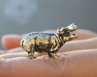 Hippo Tiny Figurine, Brass Collectible  Small Animal Miniature, Handmade Desktop Decorating Trinket