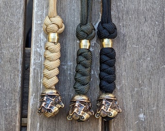 Paracord Keychain: Handmade Olive-Green Lanyard with Brass Stormtrooper