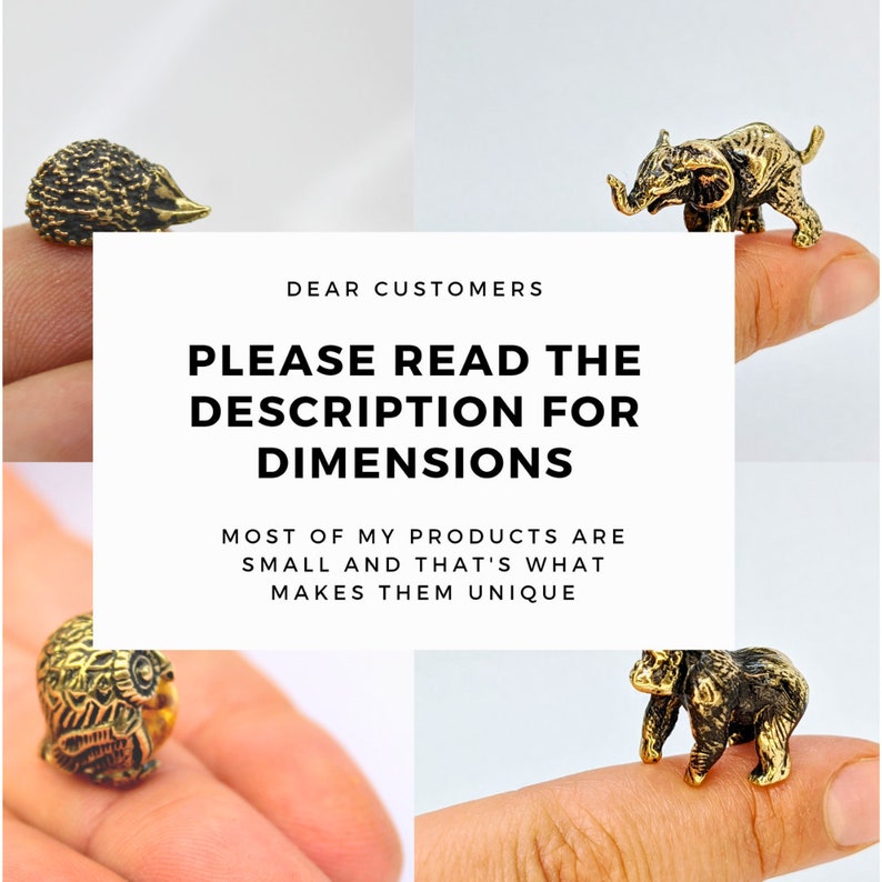 May include: Four small, gold-colored animal figurines: a hedgehog, an elephant, an owl, and a monkey. The figurines are displayed on a finger, with a white background that reads "DEAR CUSTOMERS PLEASE READ THE DESCRIPTION FOR DIMENSIONS MOST OF MY PRODUCTS ARE SMALL AND THAT'S WHAT MAKES THEM UNIQUE".