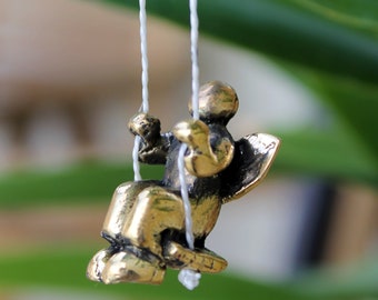 Solid Brass Angel Figurine on a Swing: Miniature Sculpture