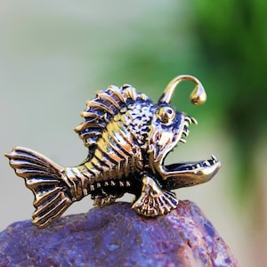 Brass Anglerfish Figure Free Standing Tiny Brass Fish Miniature, Collectible Handmade Home Decorating Accent