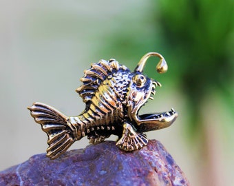Brass Anglerfish Figure Free Standing Tiny Brass Fish Miniature, Collectible Handmade Home Decorating Accent