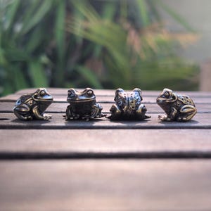 Pode incluir: Quatro pequenas estatuetas de r&atilde;s de cor bronze est&atilde;o dispostas em fila sobre uma superf&iacute;cie de madeira. Cada r&atilde; est&aacute; numa pose diferente, mostrando texturas e detalhes. O fundo est&aacute; desfocado, com folhagem verde.