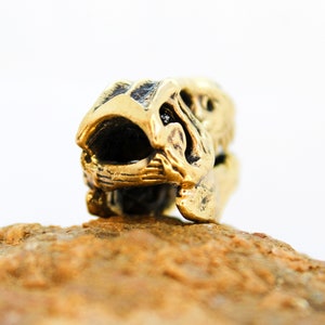 May include: A gold-colored dinosaur skull charm, with intricate details, sits on a brown rock.