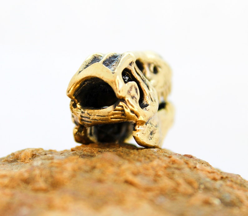May include: A gold-colored dinosaur skull charm, with intricate details, sits on a brown rock.