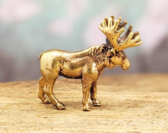 Miniature Moose Brass Collectible Deer Animal Figurine Vintage Handmade Souvenir Sculpture