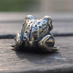 Pode incluir: Pequena e detalhada estatueta de r&atilde; em bronze. A r&atilde; est&aacute; sentada com pele texturizada e detalhes vis&iacute;veis dos olhos. O bronze tem uma apar&ecirc;ncia ligeiramente envelhecida, dando-lhe um toque vintage. &Eacute; um item decorativo.