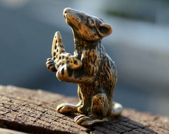 Rat With Cheese Small Standing Mouse Brass Handmade Animal Figurine