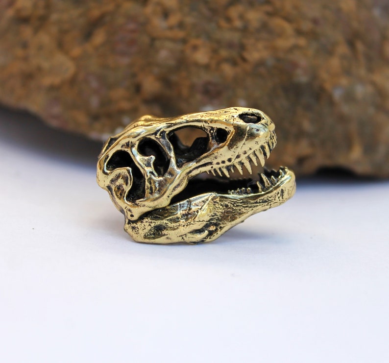 May include: A gold-colored metal dinosaur skull keychain. The skull is detailed with teeth and eye sockets.