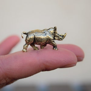 May include: A small, gold-colored rhinoceros figurine. The figurine is standing on a finger.