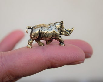 Rhino Figurine Tiny Brass Collectible Handmade Miniature Ornament Desk Decorating Lucky Trinket