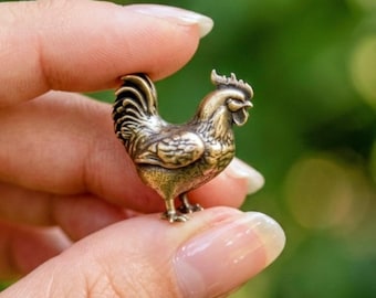 Solid Brass Rooster Figurine: Miniature Hand-Casted Animal Collectible Trinket