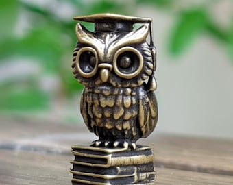 Brass Owl Figurine on Books, Graduation Gift, Crafted in USA