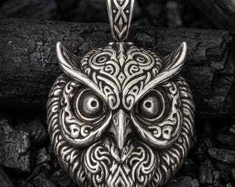Sterling Silver Owl Pendant, Handmade 925 Owl Talisman, Gothic Animal Jewelry, Wisdom Gift for Him or Her