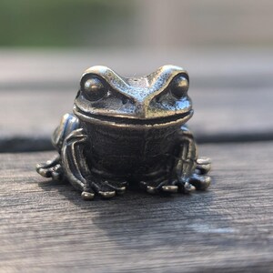 Pode incluir: Pequena estatueta de r&atilde; em bronze. A r&atilde; est&aacute; sentada com as patas dianteiras ligeiramente levantadas. O bronze tem uma p&aacute;tina escura e envelhecida, dando-lhe um aspeto vintage. Os olhos da r&atilde; s&atilde;o proeminentes e o design &eacute; realista.