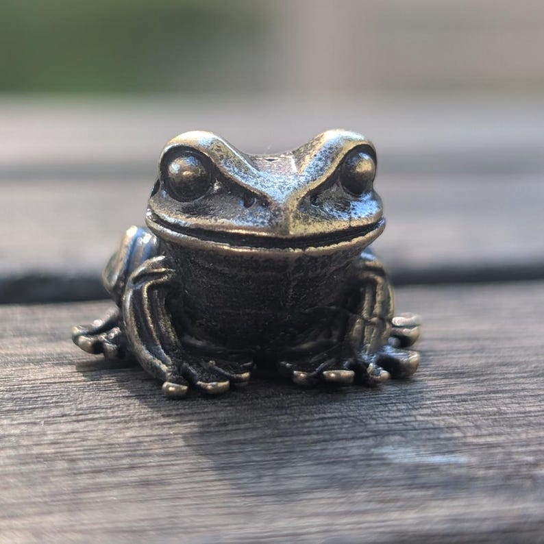 Pode incluir: Pequena estatueta de r&atilde; em bronze. A r&atilde; est&aacute; sentada com as patas dianteiras ligeiramente levantadas. O bronze tem uma p&aacute;tina escura e envelhecida, dando-lhe um aspeto vintage. Os olhos da r&atilde; s&atilde;o proeminentes e o design &eacute; realista.