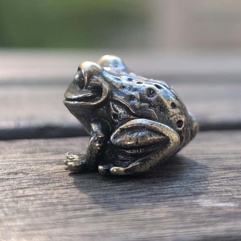 Pode incluir: Estatueta de r&atilde; de bronze detalhada com superf&iacute;cie texturizada. A r&atilde; est&aacute; sentada, com as patas dianteiras vis&iacute;veis. A estatueta tem uma apar&ecirc;ncia envelhecida, possivelmente antiga ou vintage. O fundo est&aacute; desfocado, focando na r&atilde;.