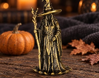 Solid Brass Witch Figurine with Staff, Miniature Wizard Statue, Antique Finish