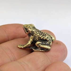 Frog Figurine Solid Brass Tiny Collectible Handmade Animal Sculpture Miniature