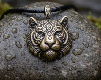 Handmade Brass Tiger Pendant Necklace - Celtic Animal Totem