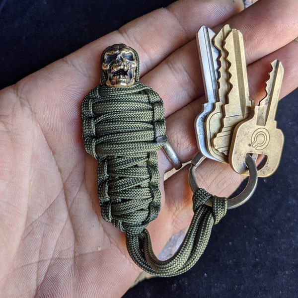 Rope Mummy Keychain, Paracord Lanyard Skull Bead, Handmade Zipper Pull Outdoor Knife Accessory