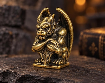 Mini Brass Gargoyle Figurine, Gothic Desk Decor, Tiny Guardian Statue, Handmade Dark Fantasy Collectible Gift