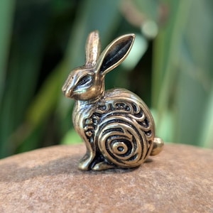 May include: A small, detailed bronze rabbit figurine with a swirling pattern on its body. The rabbit is sitting upright with its ears perked up.