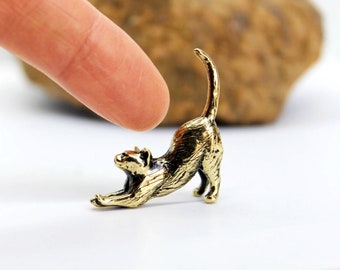 Stretching Cat Figurine Hand-Casted in Brass Small Kitten Figure Miniature Collectible Gift for Cat Lovers Tiny Metal Decorative Trinket