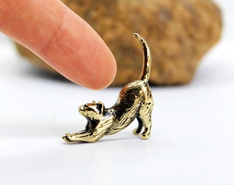 Brass Stretching Cat Figurine: Miniature Kitten Collectible