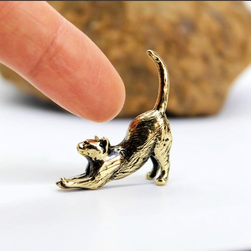 Stretching Cat Figurine Hand-Casted in Brass Small Kitten Figure Miniature Collectible Gift for Cat Lovers Tiny Metal Decorative Trinket