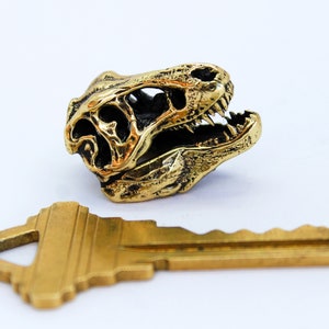 May include: A gold-colored dinosaur skull keychain with a detailed design. The keychain is next to a gold-colored key.