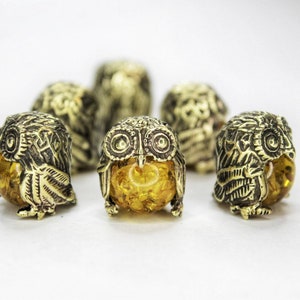 Owl Figurine - Brass Bird Ornament with Epoxy Resin Bead, Small Collectible Handmade
