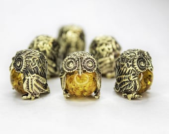 Owl Figurine - Brass Bird Ornament with Epoxy Resin Bead, Small Collectible Handmade
