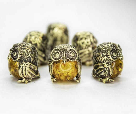 Owl Figurine - Brass Bird Ornament with Epoxy Resin Bead, Small Collectible Handmade