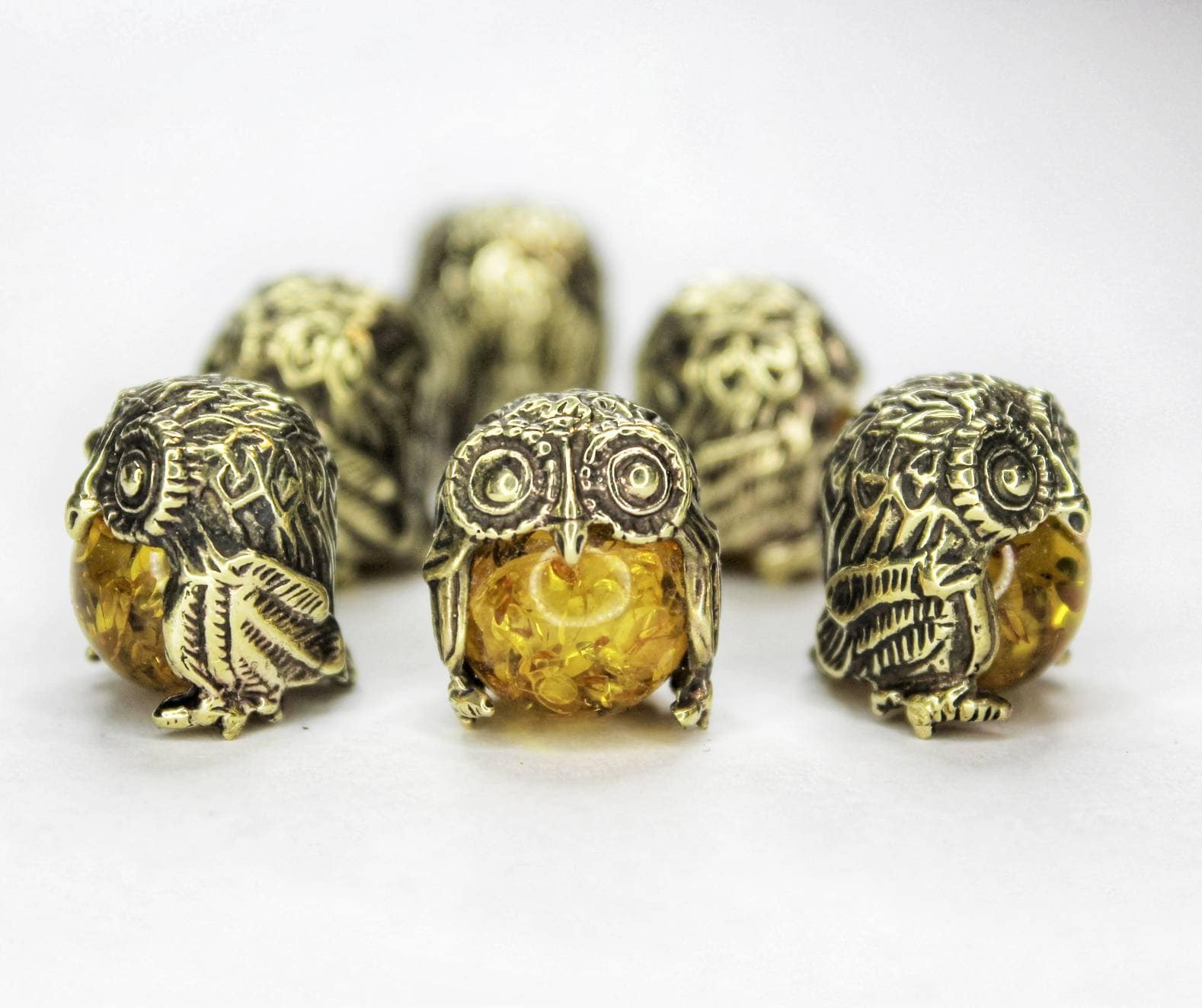 Owl Figurine - Brass Bird Ornament with Epoxy Resin Bead, Small Collectible Handmade