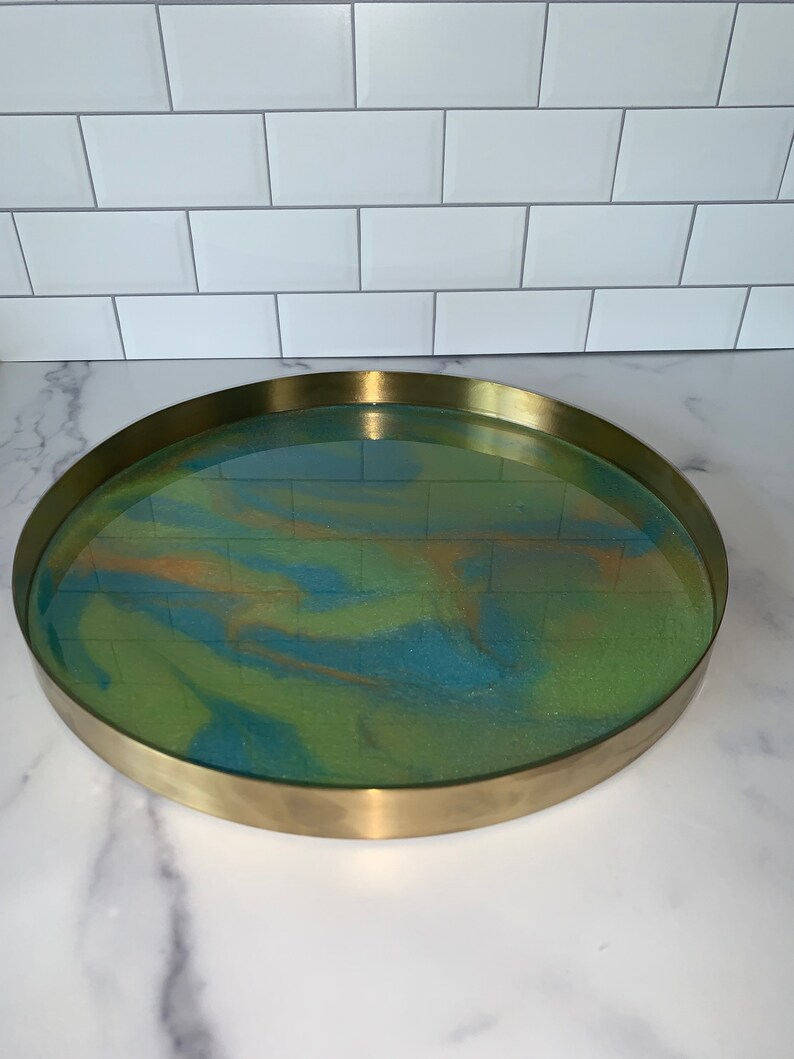 Round Gold Tray with colorful inset 12 inch diameter Etsy