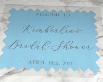 painted back acrylic bridal shower sign / white painted acrylic shower sign / white and gold welcome to our wedding sign
