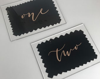 black painted acrylic table numbers for weddings, black and gold wedding table