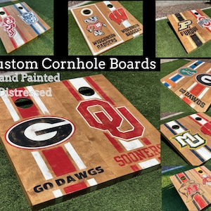 custom cornhole boards, college, distressed, hand painted, personalized, sports, corn hole