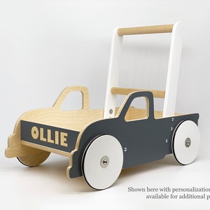 グレーの木製トラック - 赤ちゃん/幼児用ウォーカー&ワゴンプッシュカート - 手作りモンテッソーリおもちゃ、男の子/女の子の1歳の誕生日プレゼント