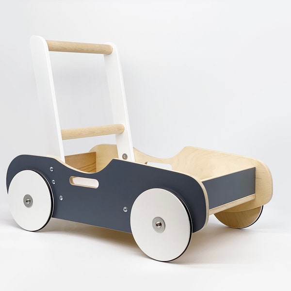 Wooden Walker & Wagon for Baby / Toddlers in Charcoal Gray - Handcrafted Montessori Toy, First Birthday Baby Boy / Girl Gift