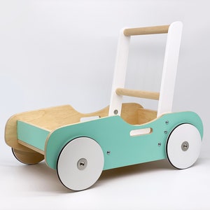 Wooden Walker & Wagon for Baby / Toddlers in Mint Green - Handcrafted Montessori Toy, First Birthday Baby Boy / Girl Gift