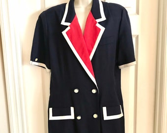 80s-90s Nautical Dress, Navy Blue, Padded Shoulders, Airline Stewardess-look, R&K Size 14