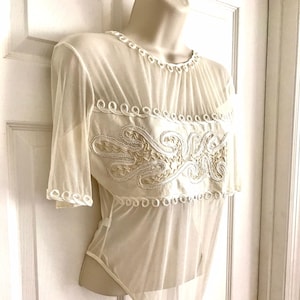 Sheer Teddy Body Suit With Snap Bottom, Ivory Net With Pearl ...