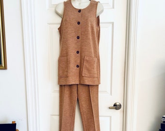 70s Mod Pant Suit, Russ Togs Doubleknit Two Piece Vest and Pants, Cinnamon Brown, Size XS Petite