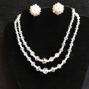 Vintage AB Necklace and Earrings Set, Double Strand Choker, Clip Earrings, Aurora Borealis