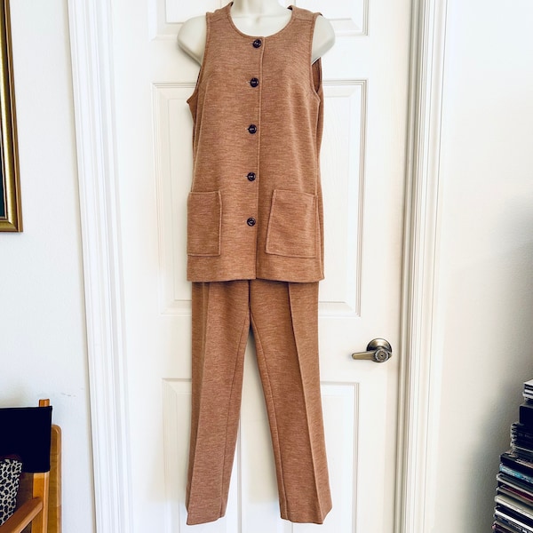 70s Mod Pant Suit, Russ Togs Doubleknit Two Piece Vest and Pants, Cinnamon Brown, Size XS Petite