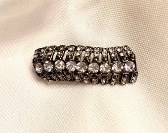 Vintage Rhinestone Brooch, Triple Row with Swirl, “Caterpiller”, Antiqued Metal